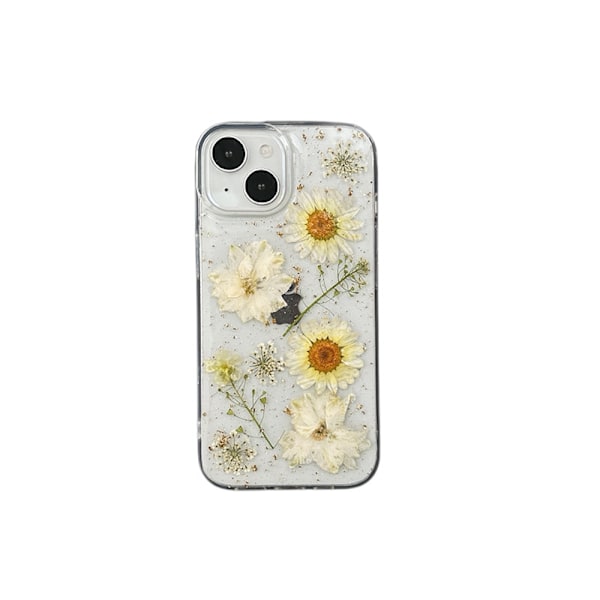 Transparent mobilskal för iPhone 16 Pro med pressade riktiga blommor, Glittrande söt vit blommig design, Smalt mjukt TPU-skydd