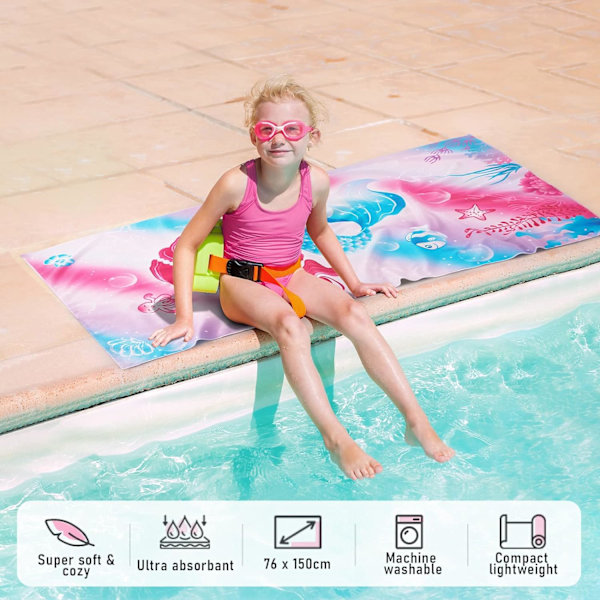 Sjöjungfru Barn Strandhandduk - 70x150cm Sjöjungfru Handdukar för Flickor Quic