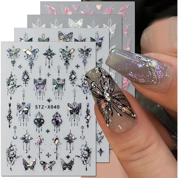 3D Punk Metalliska Svarta & Aurora Fjärils Nageldekaler - Rosa & Silver Fjärils Klistermärken för Kvinnor