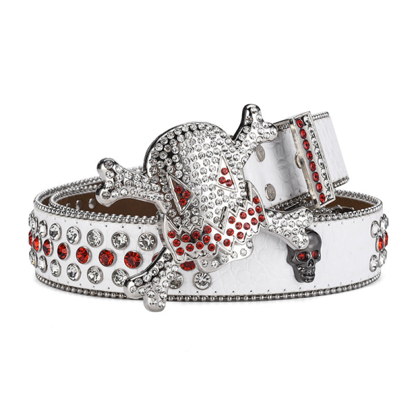 （Vit 115 cm） Rhinestone Skull bälte män glänsande mode bälte punk f