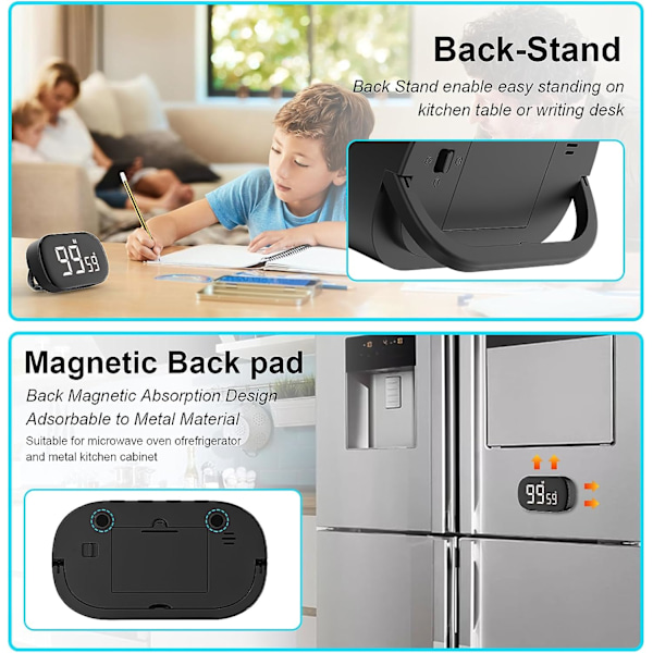 (Sort) Magnetisk køkkentimer med stort LCD-display, digitalt Ki