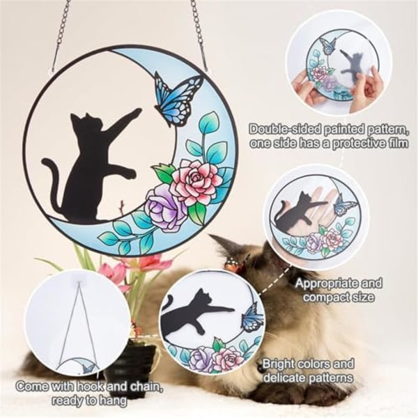 2 stk. 16x16cm Katte-Mindesmærke Solfanger Farvet Akryl Vindue Hængende Paneler Indendørs Udendørs Runde Vinduer Hanger Køkken Væ