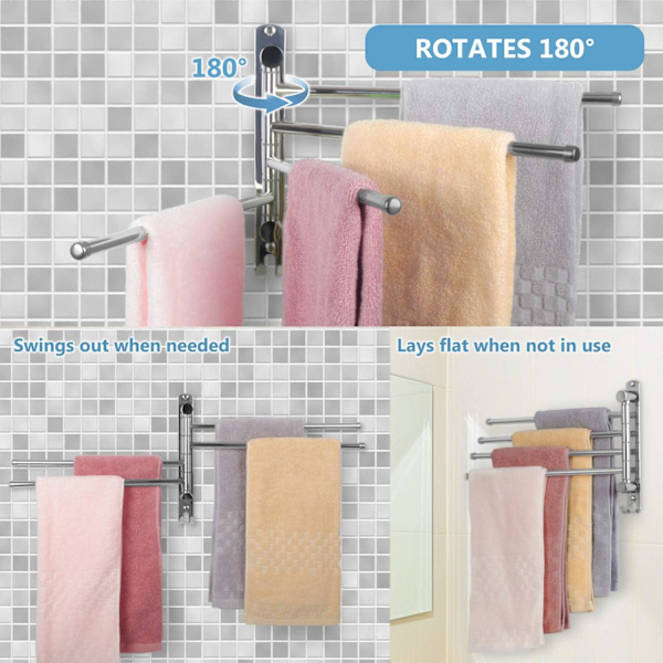 (Silver) Handduksstänger med 4 180° roterande SUS304 rostfritt stål stänger väggmonterad handdukshållare handduks tork