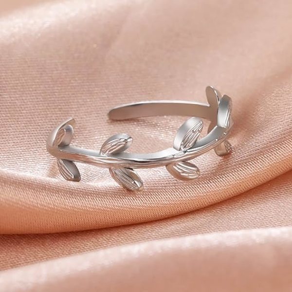 1 Justerbar Bladring i Rustfritt Stål Finger Ring med Bladmønster Åpne Finger Ringer for Kvinner Jente