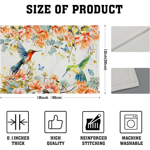 Kukka-kolibri pöytätabletit 12x18 tuumaa, 4 kpl, akvarellikukat perhoset lämmönkestävät pestävät ruokapöydän matot