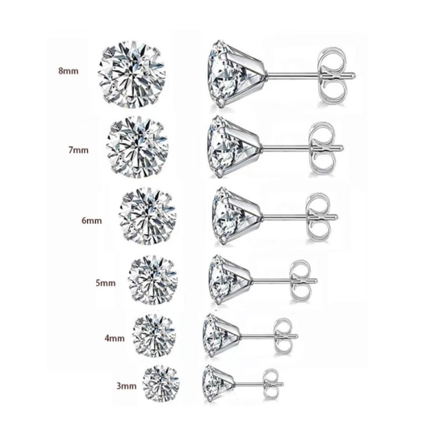 6 par Cubic Zirconia ørestikker 316L rustfrit stål Hypoall