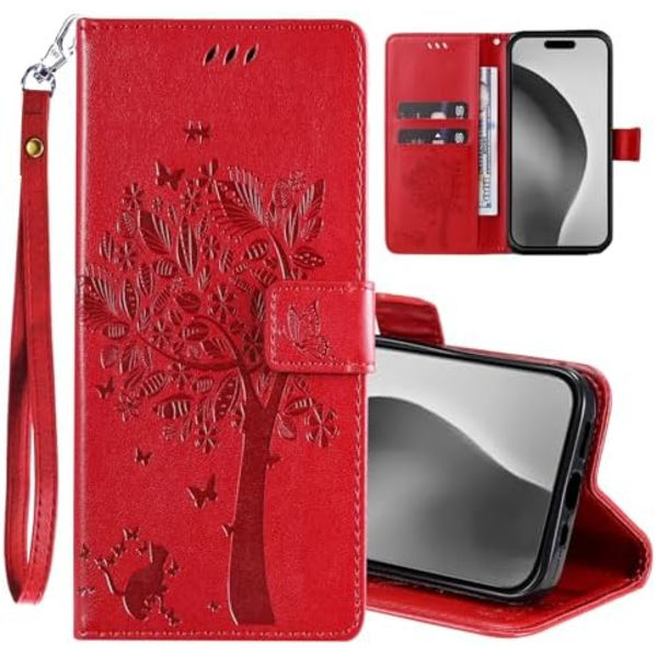 iPhone 16 Pro Max med Kortlomme, PU Læder Støttefod Kvinder Mænd Præget Træ Kat Etui, Håndledsrem Flip Folio Flere