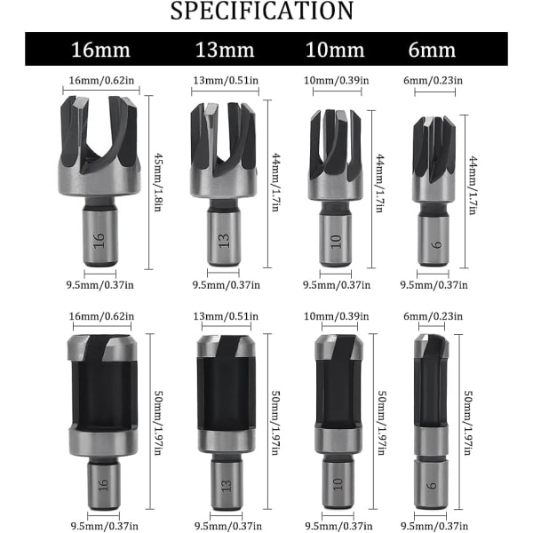8 st träpluggfräs, träpluggborr 6 mm/10 mm/13 mm/16 mm,