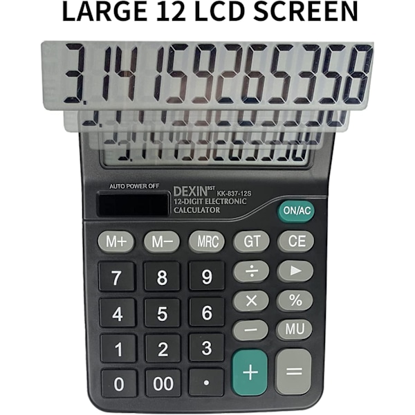 1 stk. Sort Stor Knap Solcelledrevet Bordregner med 12-cifret LCD-display til Hjem og Skole, Mini Regner, Standardfunktioner