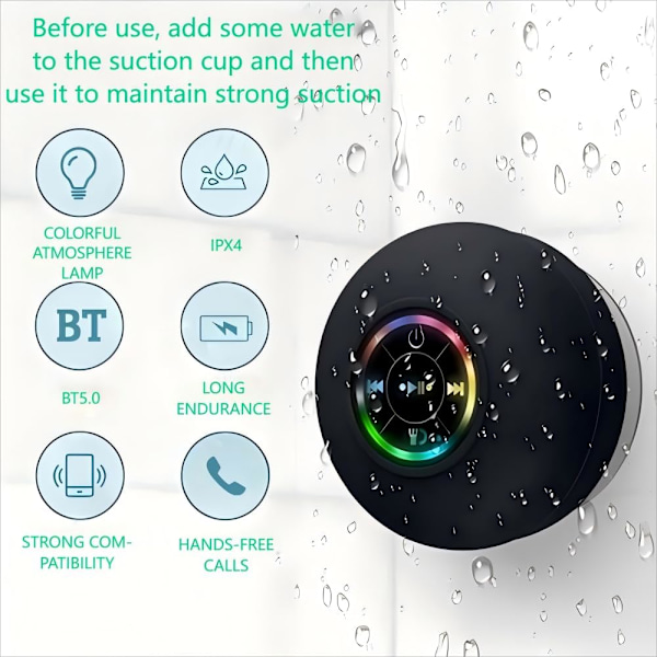 Bluetooth Duschhögtalare Trådlös Portabel Mini Horn Högtalare Sugpropp för Badrum Stereo Bas Trådlös Trumpet Stöd LED-Ljus för Dusch Hem a