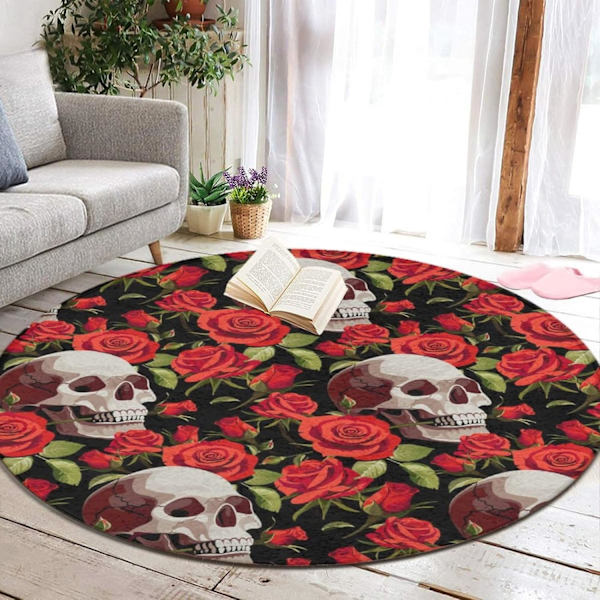 (Halloween Skaller Rød Rose) Sklisikker Gulvmatte Rundt Teppe for Soverom Stue Studie Spill Teppe