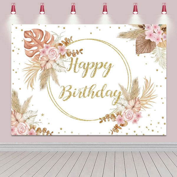 7x5FT Boheme Happy Birthday Baggrund til Piger - Pink Pampas Gr