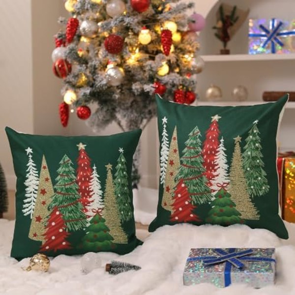 Jul Kuddfodral 18x18 Tum Set om 2 Julgran Dekorativa Gröna Kuddar Vinter Jul Dekoration för Hemmet