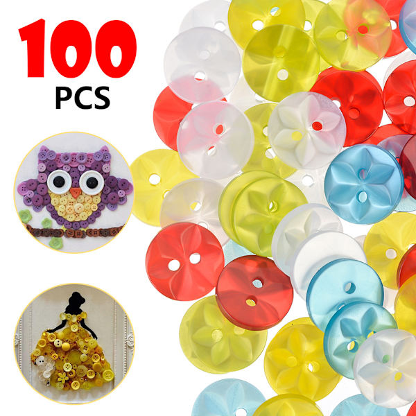 (14 mm, 5 farger) 100 stykker fargerike knapper Håndverk Runde knapper for barn, 2 hull Baby Resin knapp