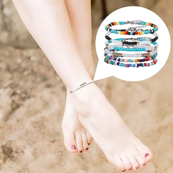 Set med 6 handgjorda pärlade anklets, färgglada Boho glaspärlor