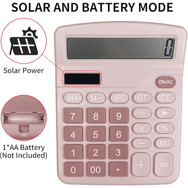 1 stk. Rosa Solar Skrivebordskalkulator - Stor LCD-skjerm 12 Sifre Mini Kalkulator Standardfunksjon for Hjem og Skole Store Knapper