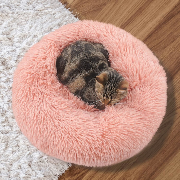 Rosa plysch munkformad hundsäng, lugnande rund hundkattssäng mjuk fluffig husdjursmatta självuppvärmande valpsäng 40cm