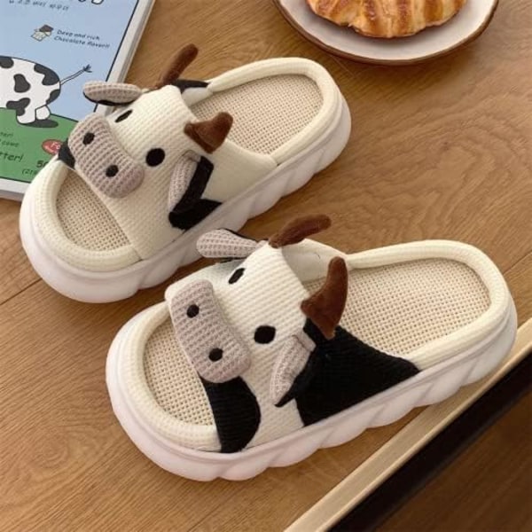 Cartoon Ko Slippers i Bomull, Vinter Inomhus & Utomhus Slippers för Kvinnor
