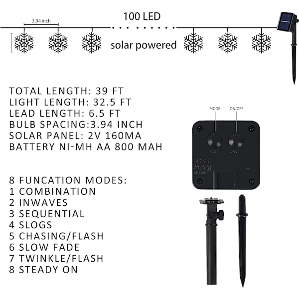 100 LED solcelledrevne julesnøflaklys utendørs, 39 fot solcelledrevne snøflaklyskjeder vanntett