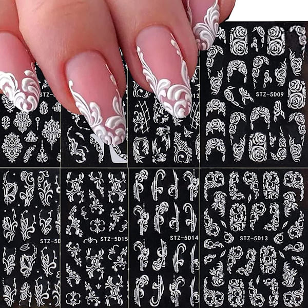 8 Ark Blommiga Nageldekaler, 5D Graverade Blommiga Nageldekaler Vita Bröllopsnagelkonsttillbehör Franska Spetsar