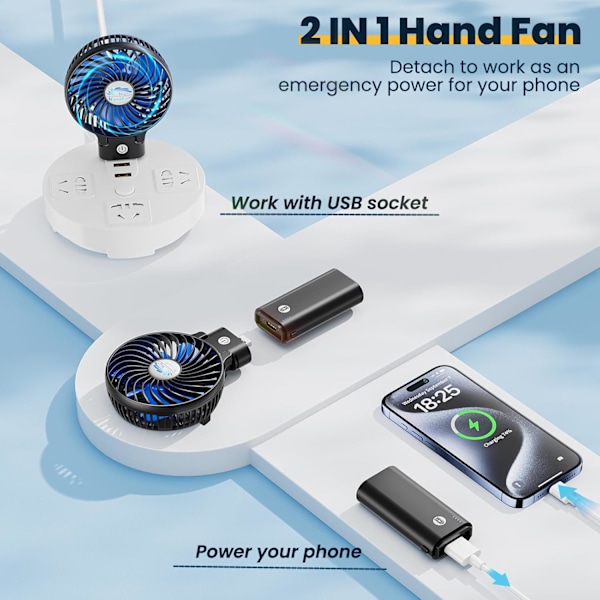 Set Mini Portabel Fläkt 5200mAh USB Uppladdningsbart Batteri 3 Hastigheter 180° Vikbar Liten Bordsfläkt Power Bank 3 i 1 Handhållen Fläkt för Kontor Resor