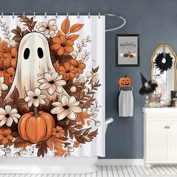 1 stk Halloween Spøgelsesgræskar Bruseforhæng til Badeværelse, Vandafvisende Efterårs Blomster Bruseforhængssæt med 12 H