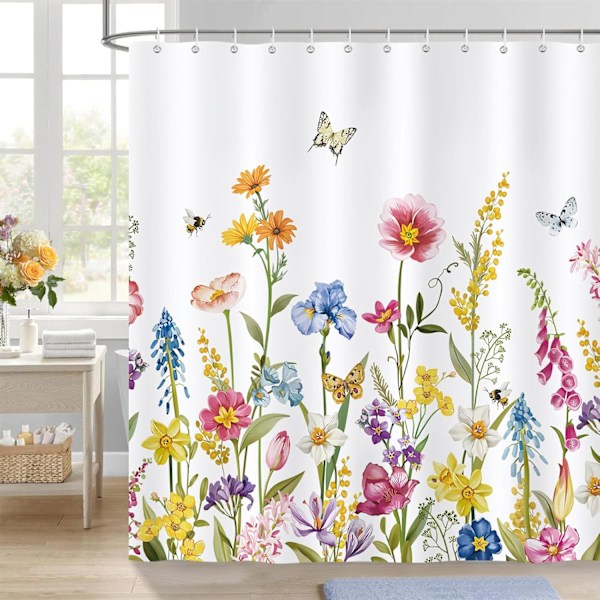 Farverigt bruseforhæng med blomster, forår, akvarelplante, badeforhæng, polyesterstof, anti-skimmel, vandtæt, vaskbart badeværelsesforhæng 180 x 180 cm med