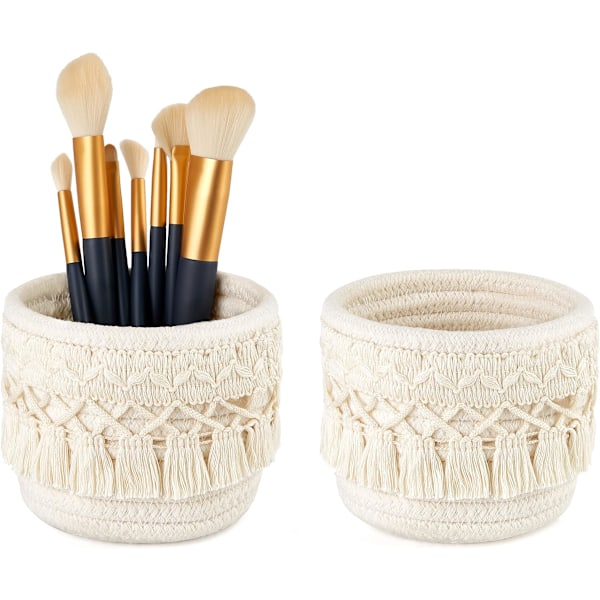 Sæt med 2 Mini Makeupbørste Opbevaringskurve - Opbevaringskurve til Hjemmet - Boho Stil - Elfenben
