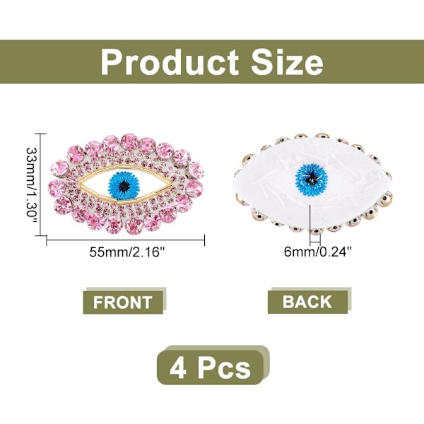 4 stk Øye-Perlelapper for Klær, Ondt Øye Lapp Rosa Rhinestone Perlebrodert Sy-på Applikasjon Motiv Applikasjon Merke for DIY