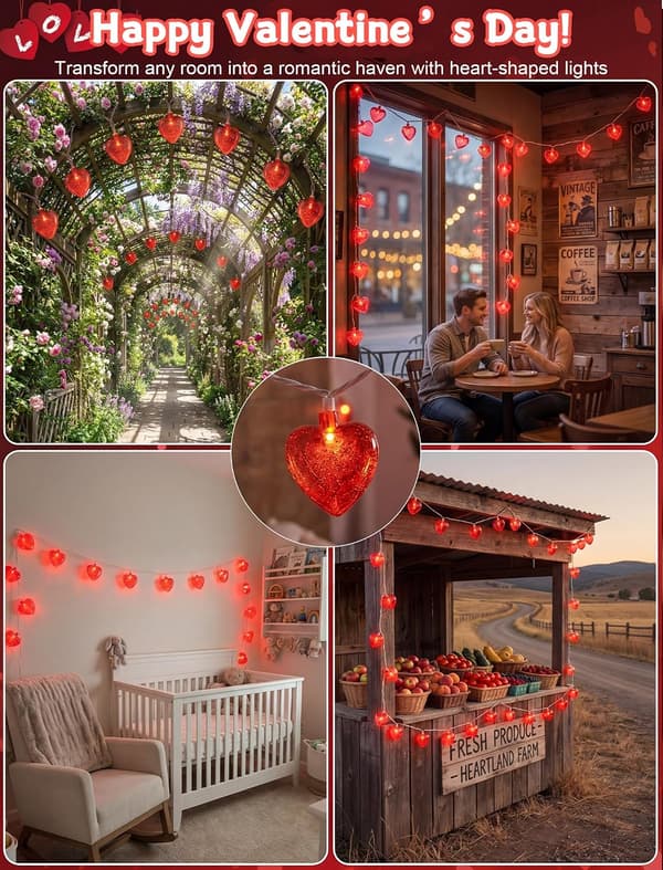 2M Hjerte Lys Kæde, Valentinsdag Dekoration Lys med 10 LED Glitter Røde Hjerte Lys, USB Fe Hjerteformet Lys Kæde til Bryllupsdag