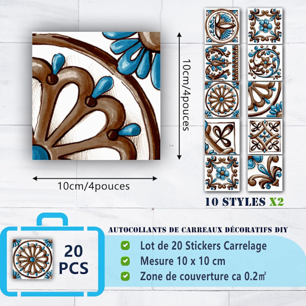 20 kpl Laattatarroja Keittiöön ja Kylpyhuoneeseen Vedenpitävät PVC Seinätarrat Itsekiinnittyvä Mosaiikkikoristelu Retro Arkkitehtoninen Tyyli (10x10cm, B