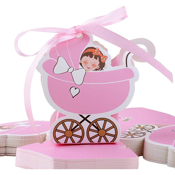 Pink 48 stk. Dåbsgaveæsker Baby Klapvogn Form Papir og Rib