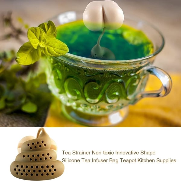 Te-filter i silikon, te-infuser i form av bæsj, te-sil i silikon, te-diffuser