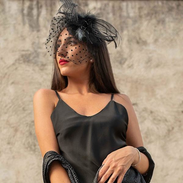 Svart Hårfascinator för Kvinnor - Mesh Slöja och Fjäder Fas