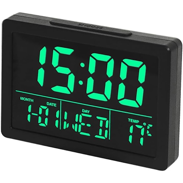 (Grön) Elektronisk väckarklocka, LCD-skärm Tid Datum Vecka Temperaturvisning Snooze-funktion 8 Ringsignaler Volymjustering