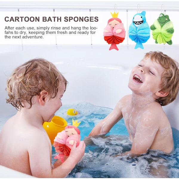 Tvättbar duschpuff för barn, Söt badpuff för kroppen, Djurformade duschbollar Loofah-svampar, Nät-svamp kroppsskrubb för barn-A