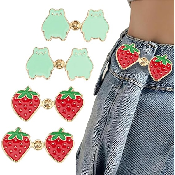 4 STK Bukse Talje Strammer, Frø Jordbær Talje Knuder, Ingen Syning Jeans Knap Strammer, Justerbar Talje Strammer til Løse Jeans, DIY Jeans Bukser Justering