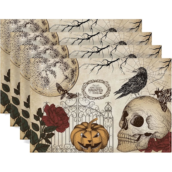 Linen Retro Halloween Bordskånere Halloween Gotisk Kranie Bordmåtter Dødedagens Roser Kranie Dekoration Halloween Dekoration