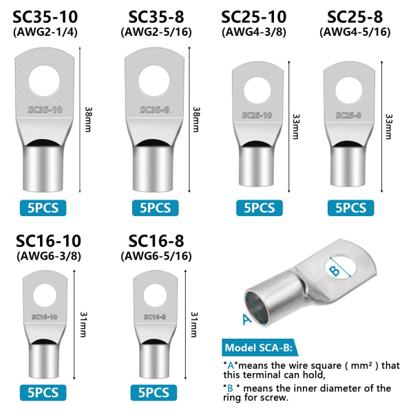 30 stk. kabelterminaler, elektriske terminaler, crimpterminaler, batteriterminaler 16mm² 25mm