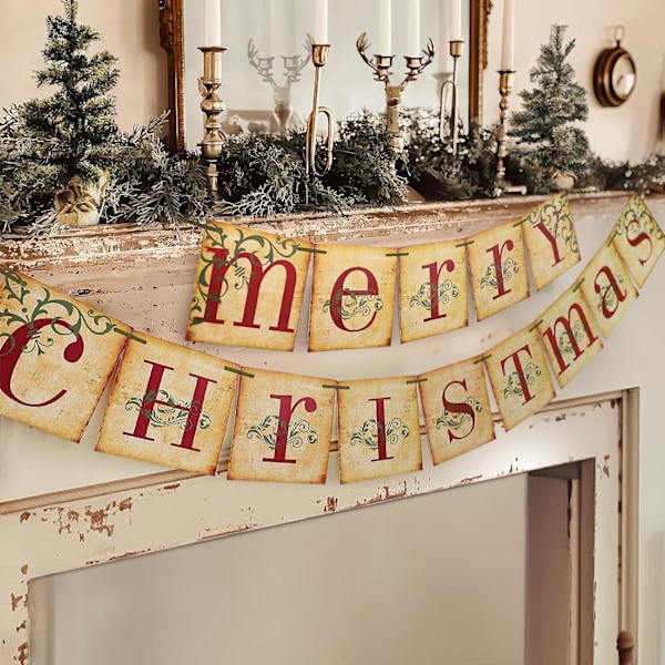 Julepynt - Vintage Glædelig Jul Banner - Retro Nostalgisk Traditionel Gammeldags Viktoriansk Jul