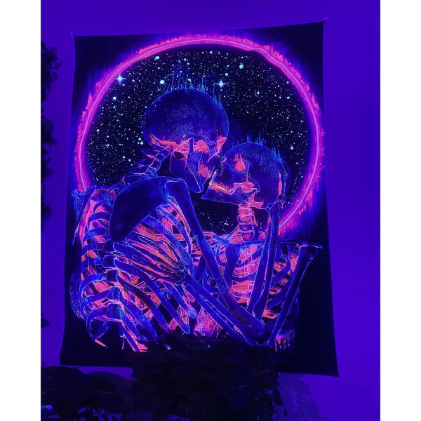 Svart ljus gobeläng - 150 cm x 200 cm, UV-reaktiv psykedelisk dödskallemönster, Kiss Lovers gobeläng, S