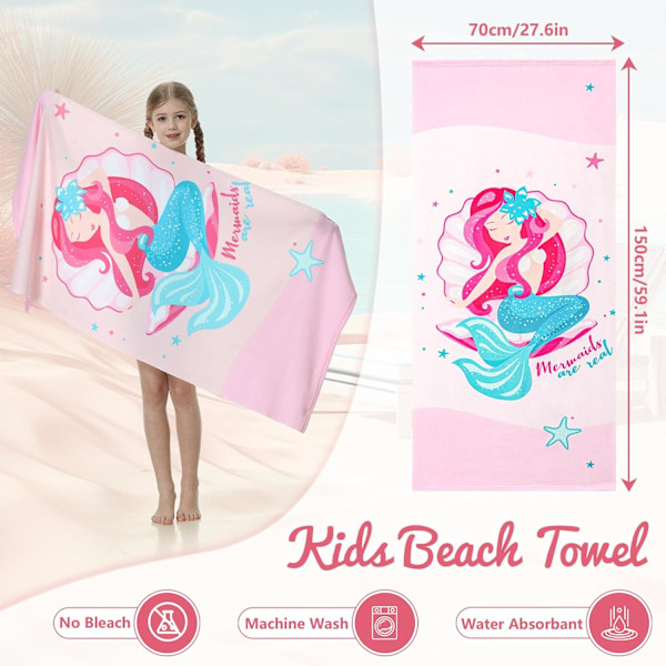Pink Mermaid - 70 x 150 cm - Børne Strandhåndklæde, Badehåndklæder til