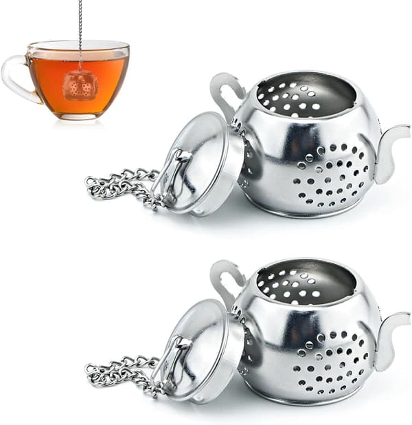 Te-kule Filter Te-infuser Tekopp med Kjede og Te-matte Te-infuser Te-egg Krydder Sil Tekanneform for Tekopp Drikkeflaske (2 Stykker Sølv