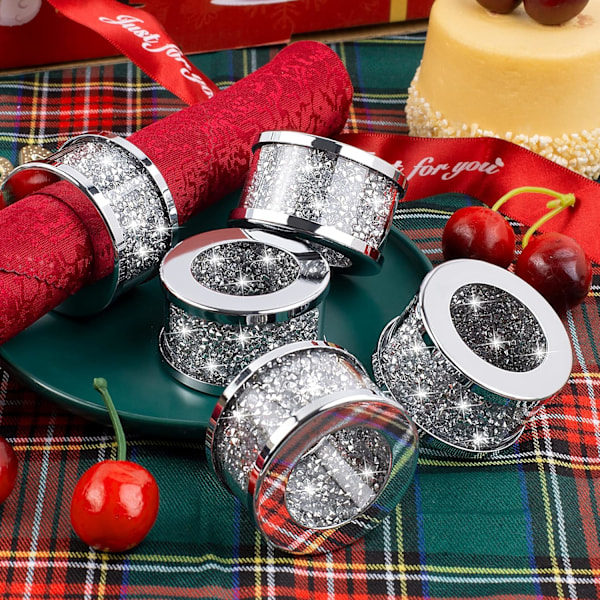 Set med 6 Glasinramade Kristall Silver Servetthållare, Glam Serviettspännen Dukhållare Bling Krossad Diamant Ta