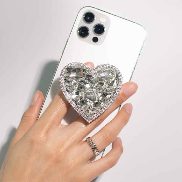(Silver Big) Söt Kubisk Diamant Hjärta Design Vikbar Utbyggbar Mobiltelefon Grepp Stativ Hållare för Smartphone