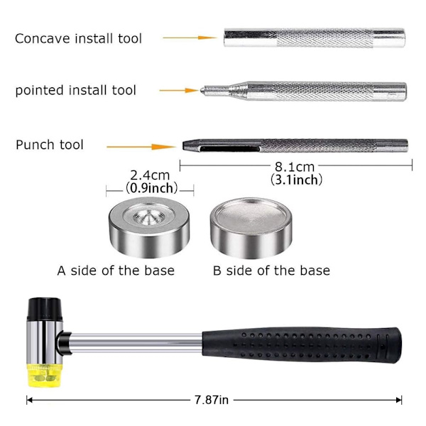 120 stk. Metal Snap Knapper 4 Farver (12mm) + Hammer, Til Læderhåndværk Jakke Tegnebog Håndtaske