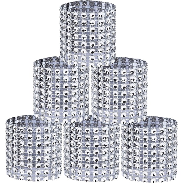 （Silver）Napkin Ring Silver Rhinestone Ribbon Bling Adornment for