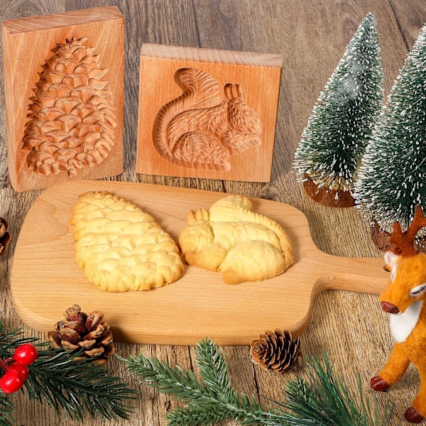 2 stk Skårne Tre Cookie Former, Baking Embossing Cookies Stempel Form Kutter Morsom 3D Pinecone Cookie Form Tre Ekorn