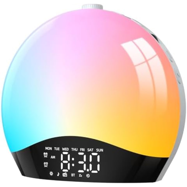 Valoisa herätyskello radiolla, aamunkoiton simulaatio herätyskello LED-yöpöydän lampulla, Bluetooth-toiminto, 20 B