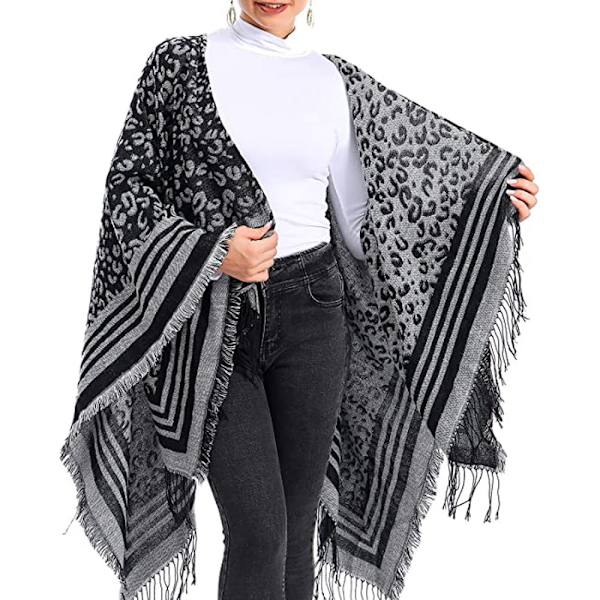 Dame Varm Sjal Wrap Åben Front Poncho Cape Farve Blok Sjal